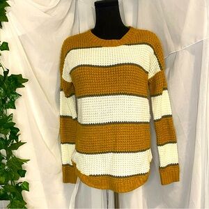 Mustard, Grey and White Striped Sweater